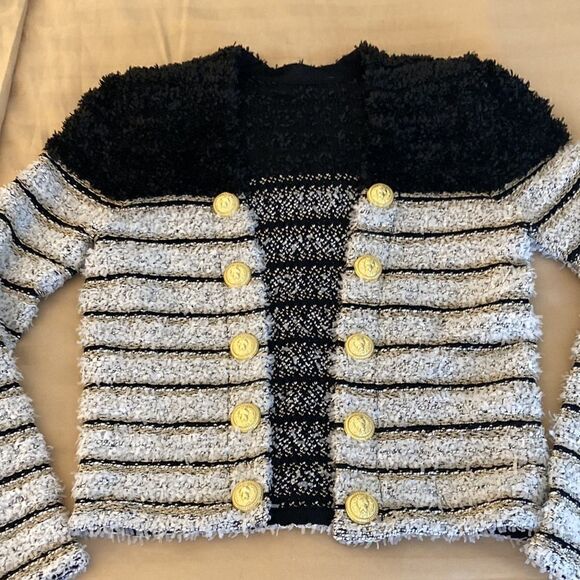 Colou Power Jacket & Skirt Set in Black & White Boucle with Gold Metallic Thread - Picture 9 of 13